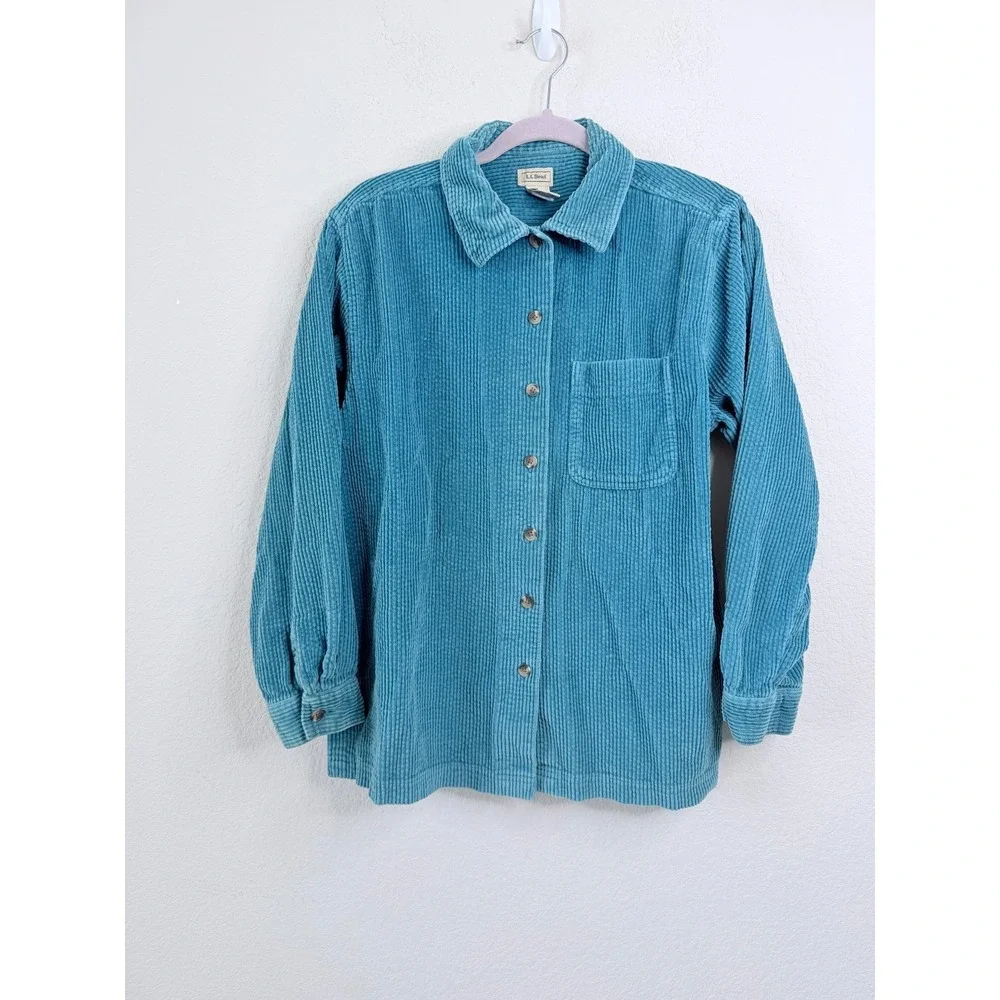 L.L.Bean Corduroy Shirt Women's M Teal Blue Button Front Cotton Outdoor Vintage - Picture 2 of 5